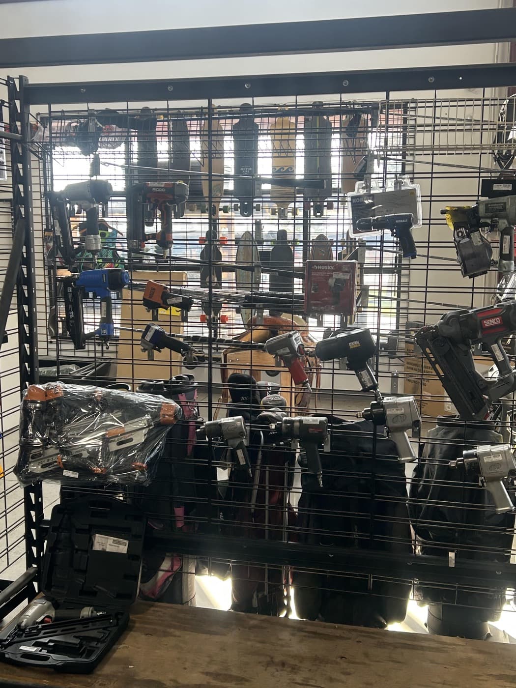 Nail guns and power tools displayed at Cash 1 Pawn in Missoula