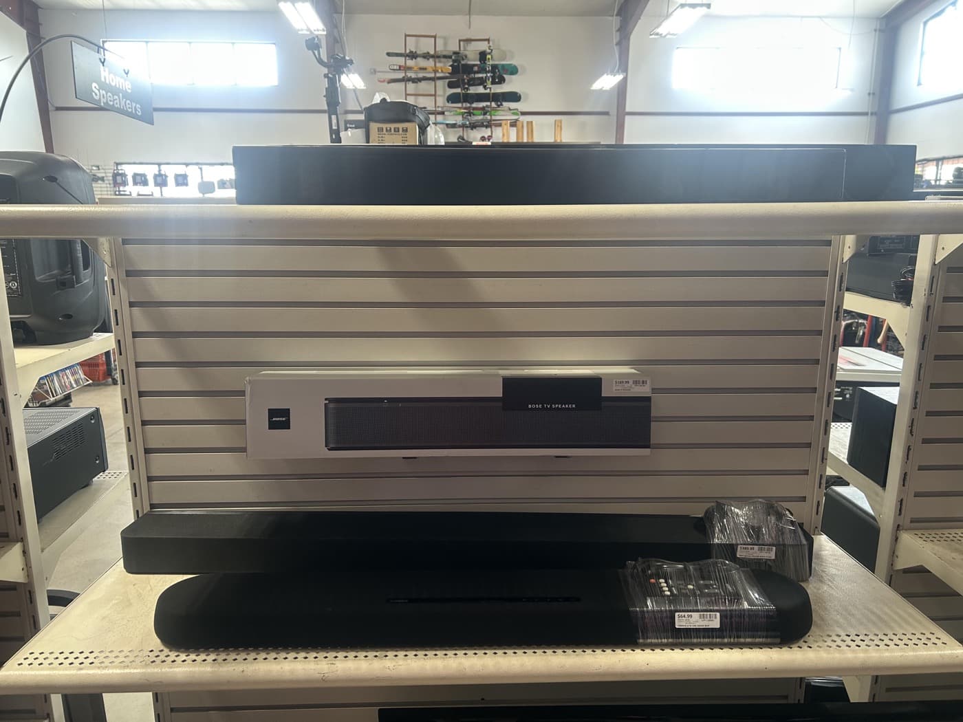 Soundbars displayed in the Cash 1 Pawn electronics section